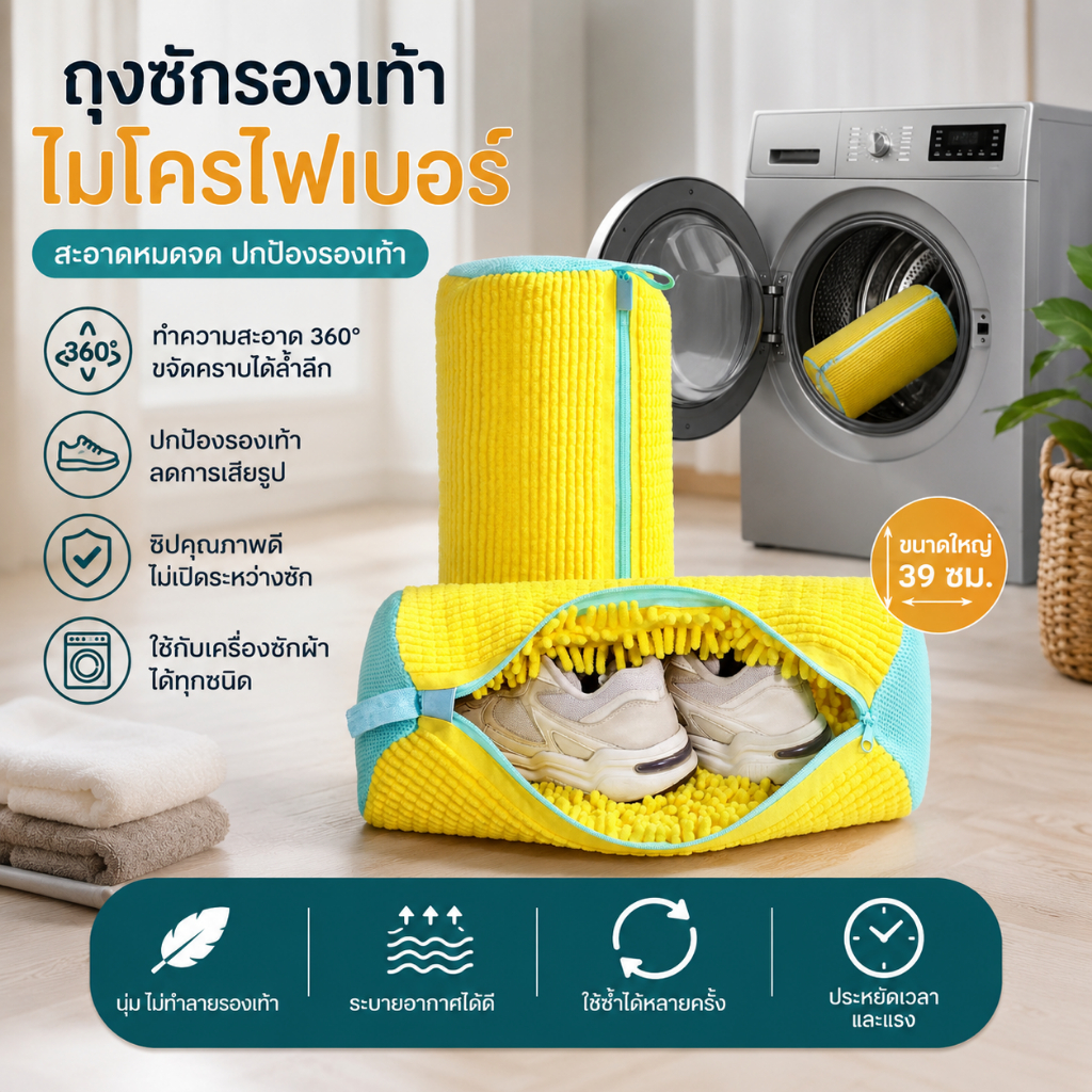 ถุงซักรองเท้าอัตโนมัติ สำหรับเครื่องซักผ้า ถุงตาข่ายล้างรองเท้า แปรงไมโครไฟเบอร์ 360°ลดคราบลดกลิ่นป้องกันรองเท้าเสีย2153