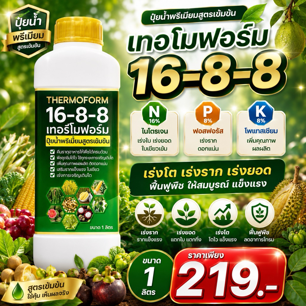 ปุ๋ยน้ำ เทอร์โมฟอร์ม 16-8-8 NPK บำรุงใบ ต้น ผล สร้างแป้งในพืช ขยายผลใหญ่ เพิ่มน้ำหนัก 1ลิตร
