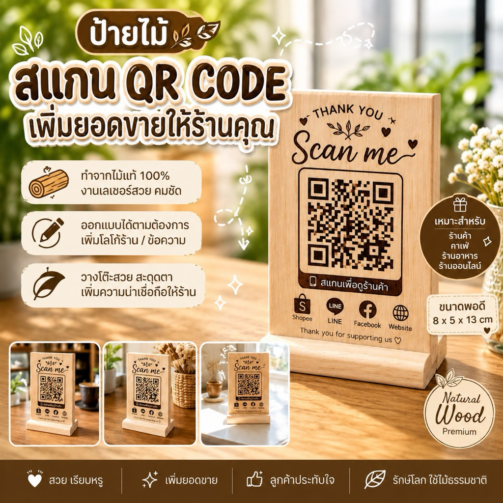 ป้ายไม้สเเกน qr code งานเลเซอร์ ชื่อร้าน ข้อความ qr code หรือตามลูกค้าต้องการ