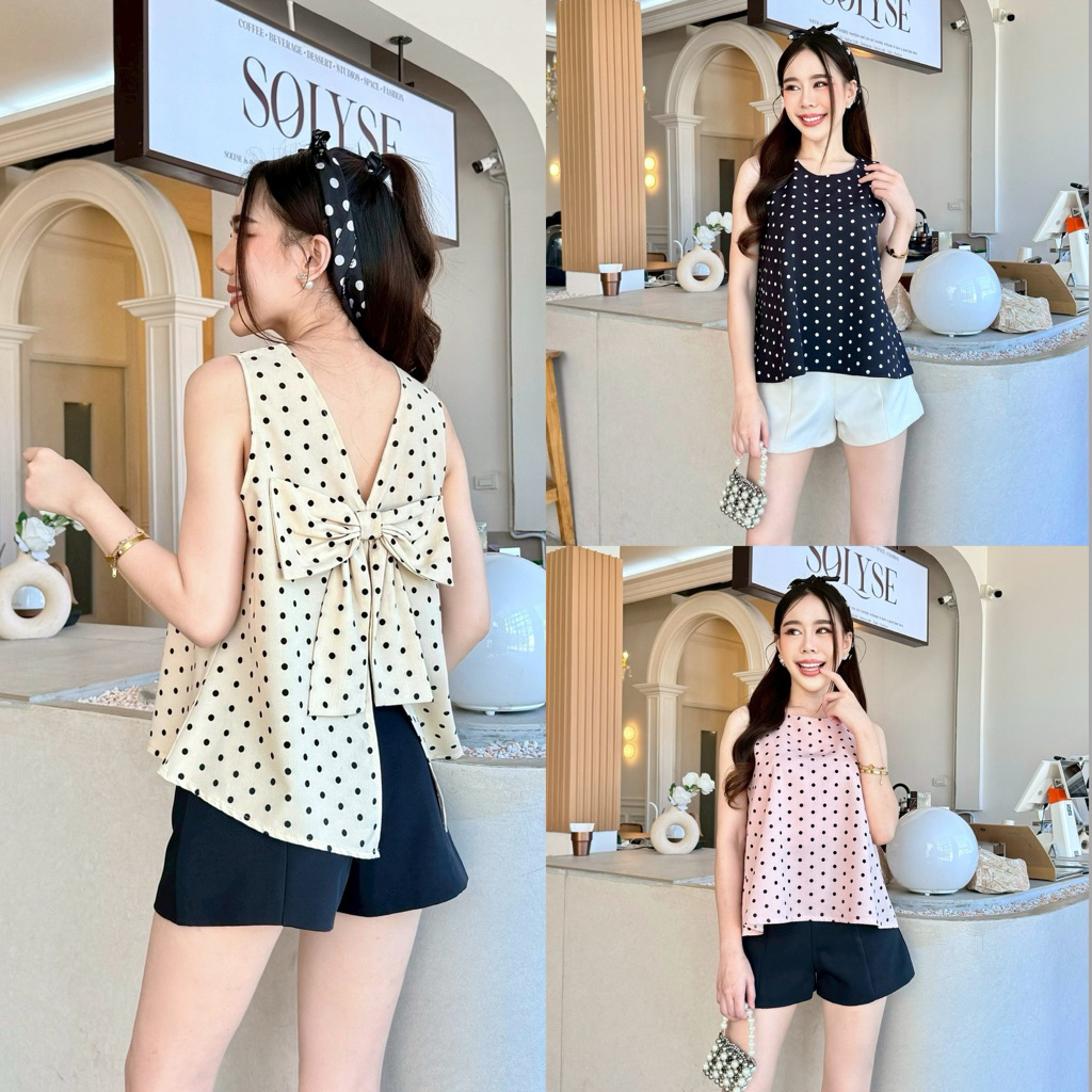 Ribbon top🎀(Special)เสื้อแขนกุด ตกแต่งโบว์ข้างหลัง ลายจุด น่ารักเว่อร์ เกาหลีเกาใจมากค่ะ❤️