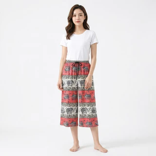 กางเกงช้างแฟชั่นใส่สบายฤดูร้อน ขาสามส่วน ทรงสวย เอวยางยืด ปรับขนาดได้ ผ้านุ่ม ไม่เป็นขุย 756-2