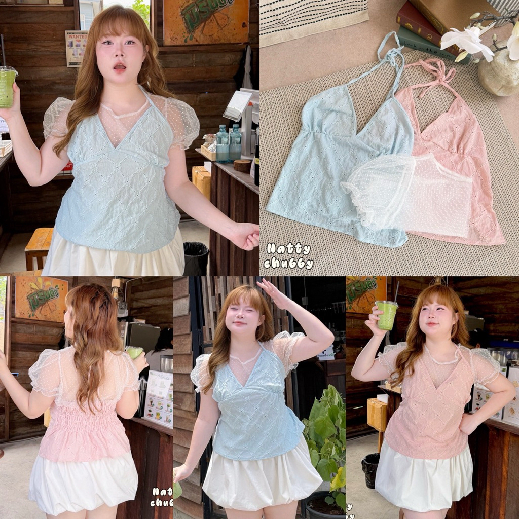 /NT/ เซ็ตเสื้อ2ชิ้น ไซส์อก38-50 เสื้อมุ้งแขนตุ๊กตาลายจุด+สายเดี่ยวผูกคอผ้าฉลุลายดอก แยกใส่ได้ คุ้มมาก #สาวอวบอ้วน