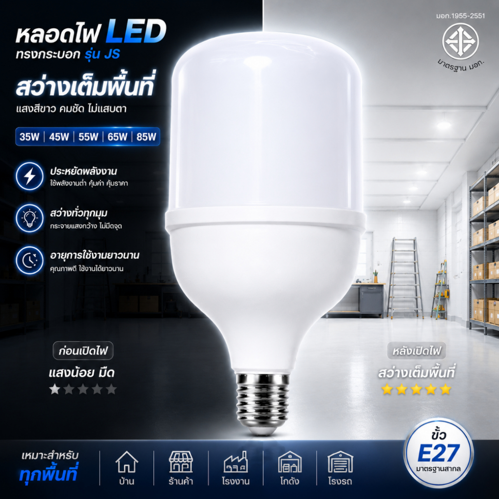หลอดไฟ หลอด led หลอดทรงกระบอก LED รุ่น JS- ขั้ว E27 ขนาด 35W,45W,55W,65W,85W แสงสีขาว