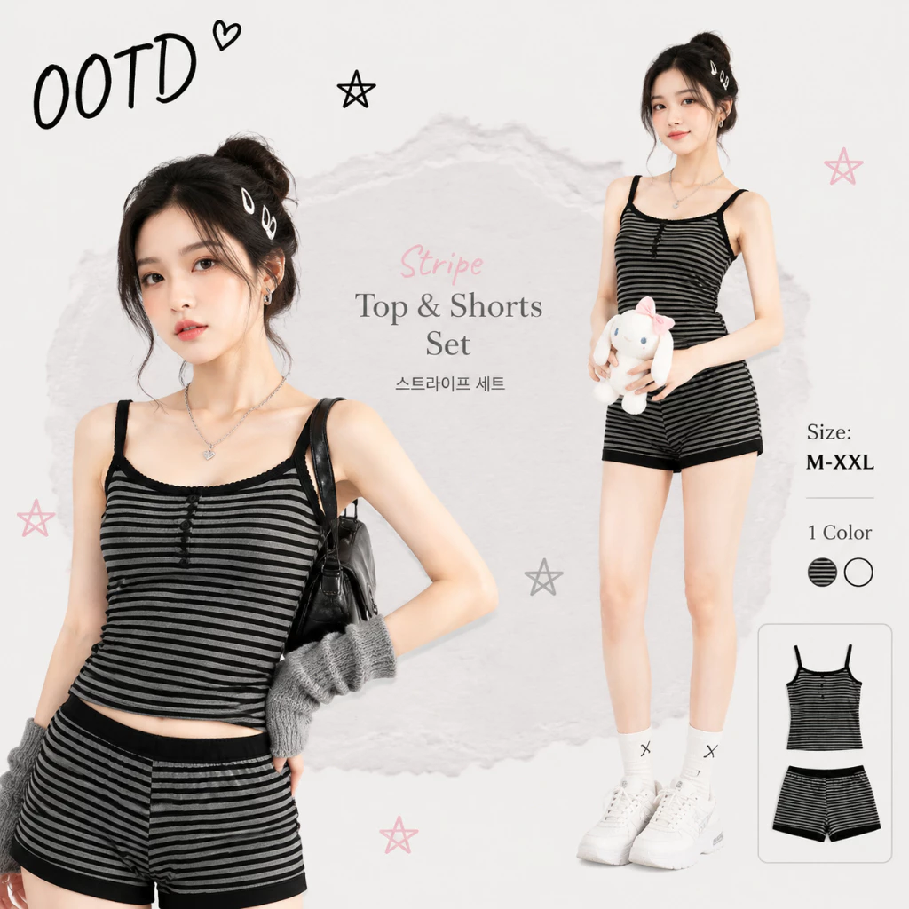 OOTD-ใหม่ พร้อมส่ง เสื้อผ้าผู้หญิง ชุดเซต 2 ชิ้น สายเดี่ยว+กางเกงขาสั้น นุ่มสบาย แฟชั่น เซ็กซี่ สไตล์ลายทางสีดำ