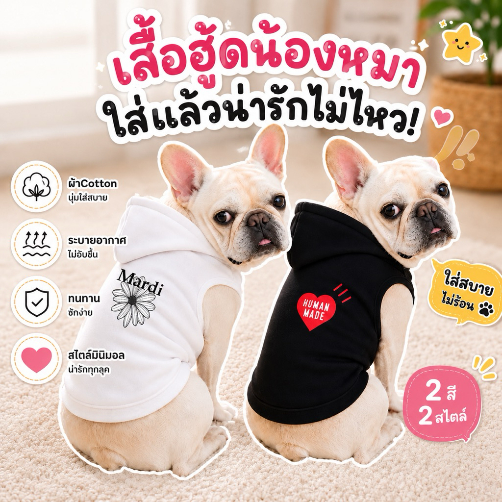 🇹🇭พร้อมส่ง🇹🇭 เสื้อหมา เสื้อแมว ฮู้ดดี้แฟชั่นแขนกุด สกรีนลาย เนื้อผ้า Cotton 100% ใส่สบาย (เลือกลายได้)