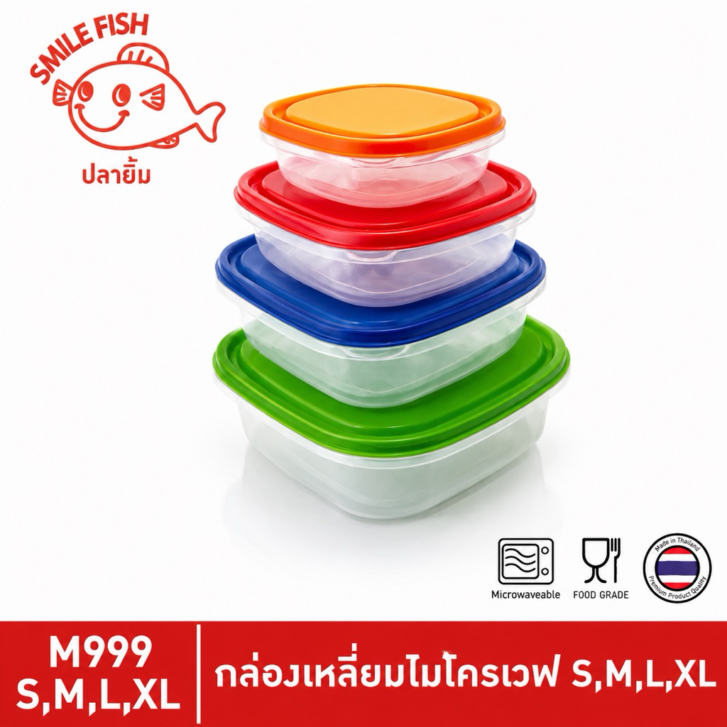 Smile Fish [12 ชิ้น] กล่องถนอมอาหาร กล่องไมโครเวฟ กล่องอาหาร เข้าไมโครเวฟได้ คละสี รุ่น M999