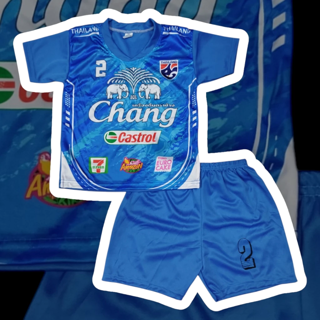 ช้าง2 ชุดกีฬาเด็กลาย chang S-M ผ้ามันไมโคร S 1-2 ปี 7-12โล ,M 2-4 ปี 12-17โล ชุดบอลเด็ก
