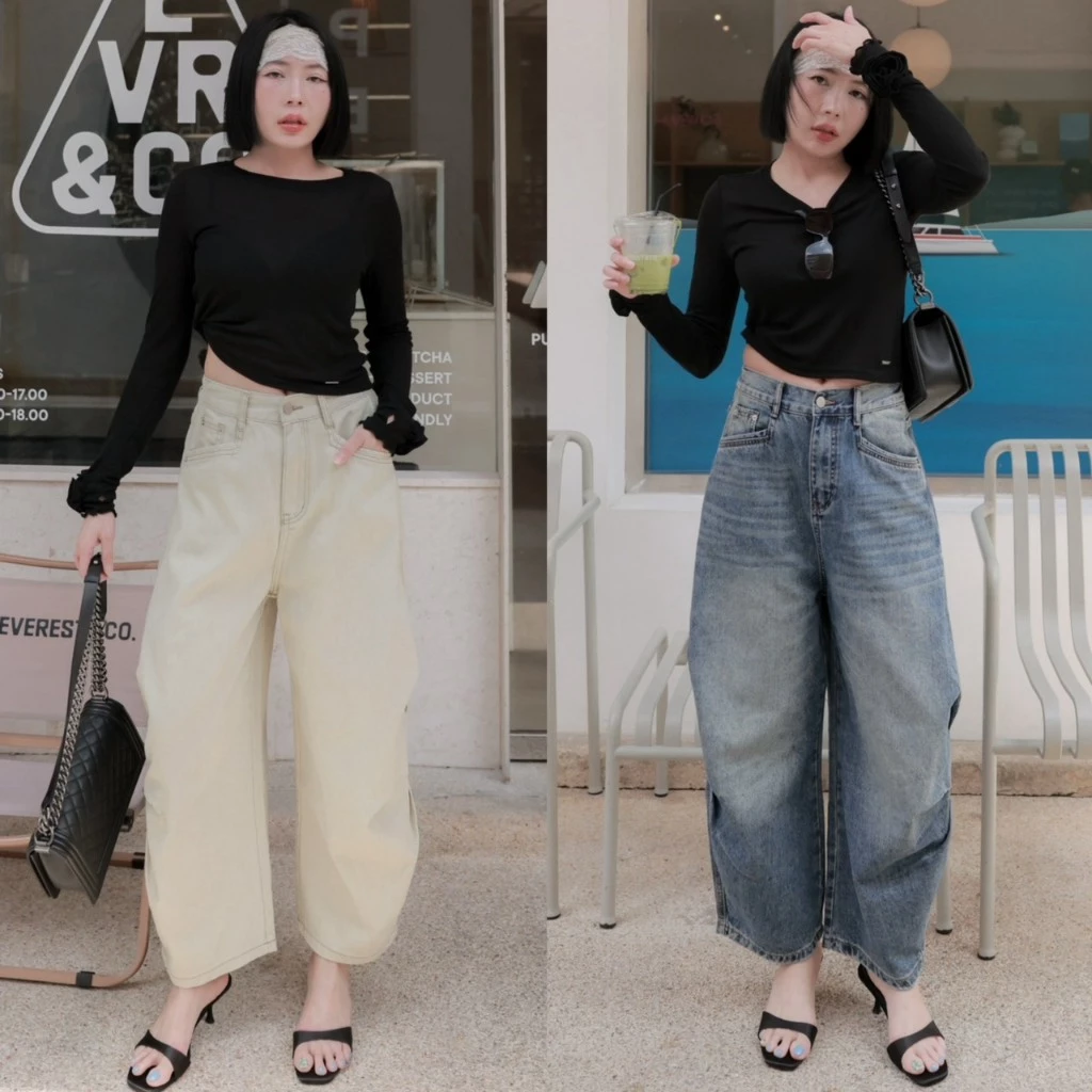(พร้อมส่ง) Cropped Mom Jeans กางเกงยีนส์ทรงมัม 9 ส่วน - A3726