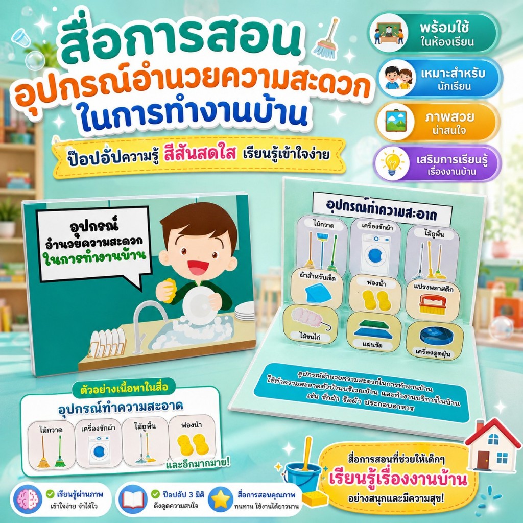 สื่อการสอนการงานอาชีพ สื่อpop upเรื่องอุปกรณ์อำนวยความสะดวกในการทำงานบ้าน