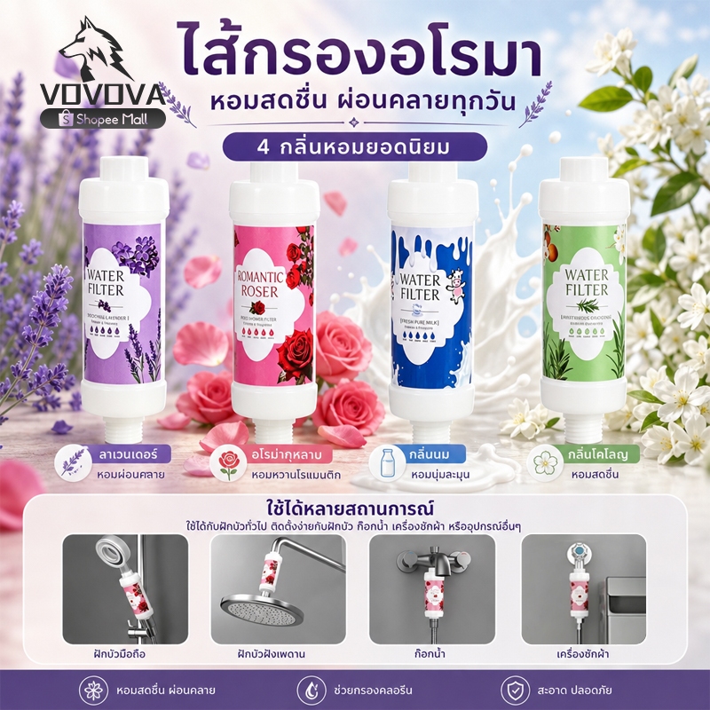 VOVOVAไส้กรองฝักบัว กรองคลอรีน ไส้กรองอะโรมา กรองน้ำก๊อกน้ำ เปลี่ยนไส้กรองได้ หอมผ่อนคลาย ฝักบัว/เครื่องซักผ้า มี 4กลิ่น