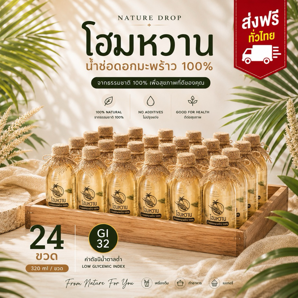 Nature Drop โฮมหวาน น้ำช่อดอกมะพร้าว 100% GI32 น้ำหวานดอกมะพร้าว Coconut Blossom Nectar หวานธรรมชาติ 320ml (ยกลัง 24ขวด)