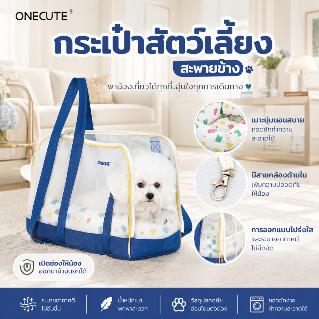 PetParadise.th x Onecute กระเป๋าสัตว์เลี้ยง กระเป๋าแมว-สุนัข แบบสะพายไหล่ มีเบาะรองนุ่มนิ่ม