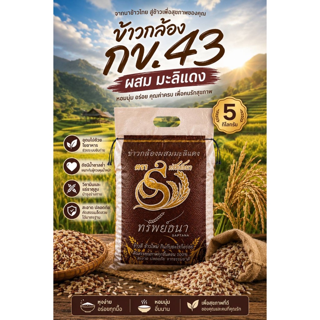 ข้าวกล้องกข43ผสมมะลิแดง บรรจุกระสอบ5กิโลกรัม สุดคุ้ม ตราทรัพย์ธนา