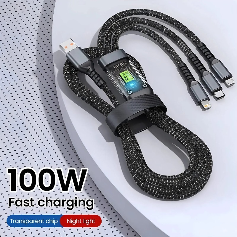 สายชาร์จ 3 in 1 รองรับ Type-C Micro USB และ iOS ความยาว 1.2 เมตร ชาร์จเร็ว 100W สีดำและเทา