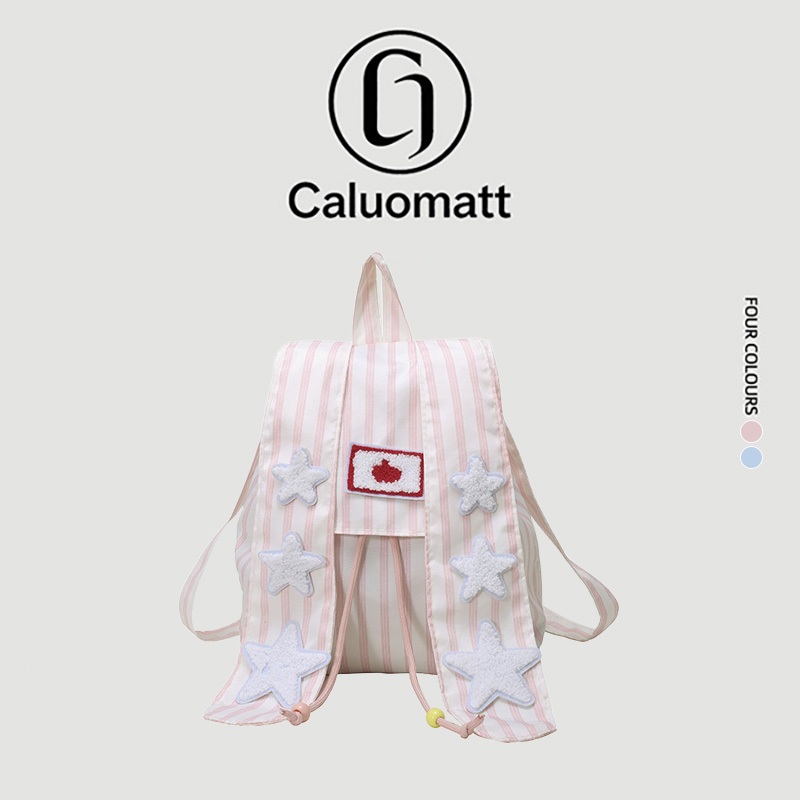【Caluomatt.TH】กระเป๋าเป้ลายทางสีชมพู ตกแต่งดาว ผ้าอ่อนน้ำหนักเบา สไตล์คาวาอิ พกไปโรงเรียนเที่ยว