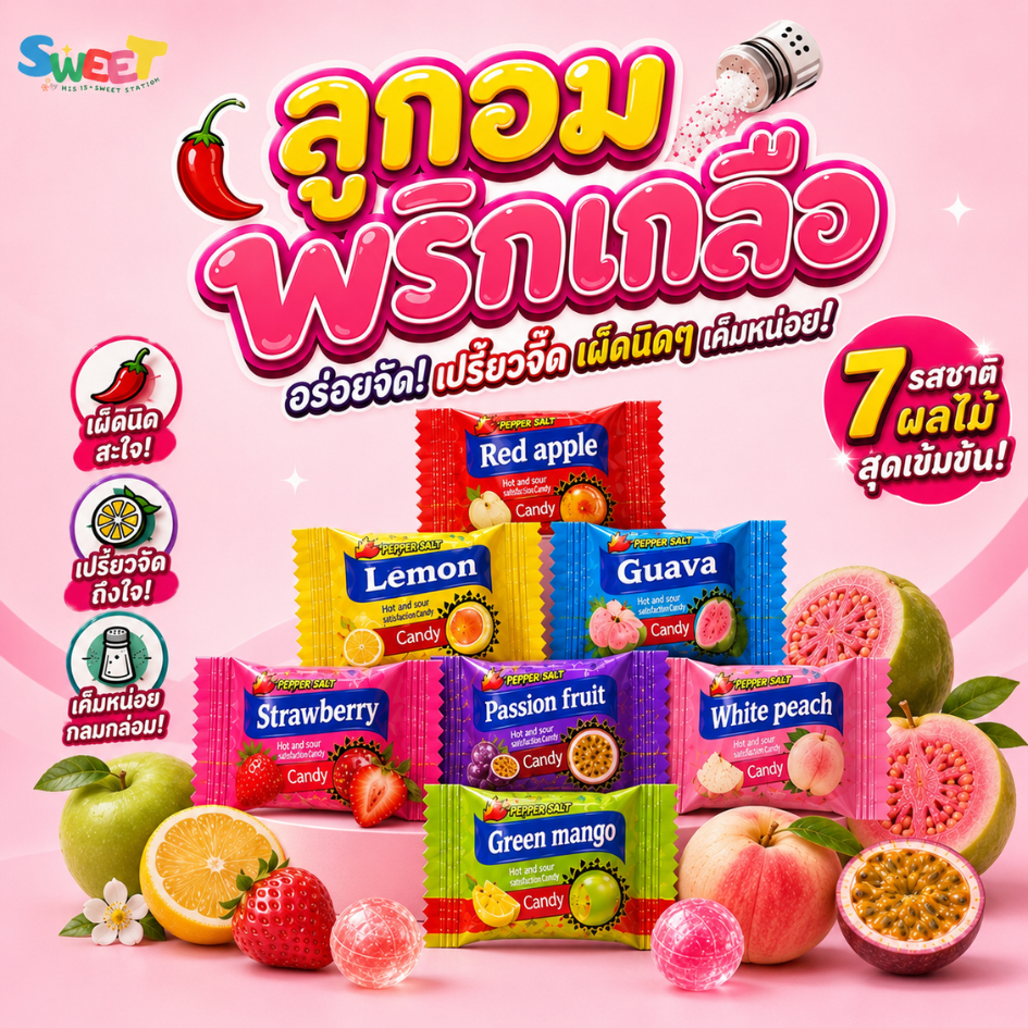 ลูกอมผลไม้พริกเกลือ ลูกอมพริกเกลือ 50-100 ชิ้น เผ็ดซาบซ่าน ด้านในสอดไส้พริก รสชาติลงตัว ลองเล๊ยยย