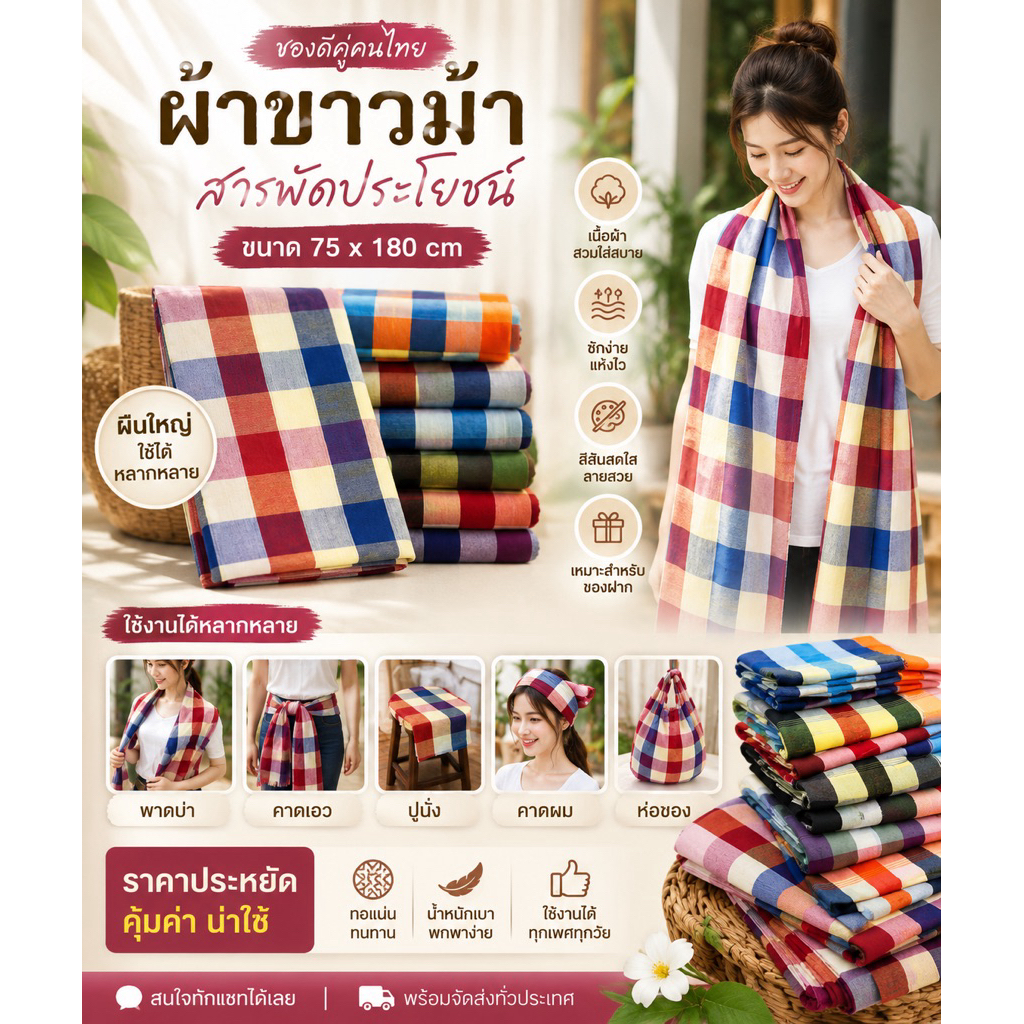 ผ้าขาวม้า  75X180cm  ยก10ผืน/20ผืน