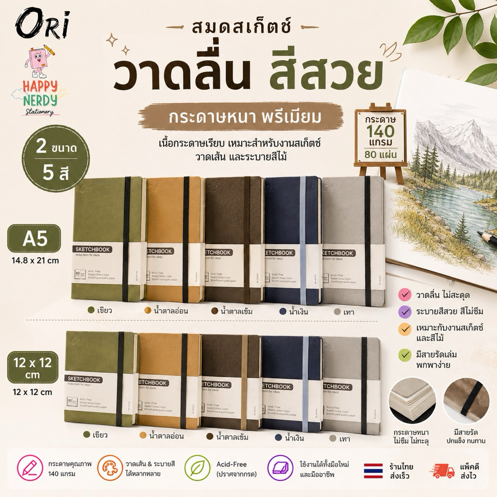 ORI สมุดสเก็ตช์ งานสเก็ตช์ วาดเส้น และสีไม้ มีสายรัดเล่ม พกพาง่าย ป้องกันกระดาษเปิด 12*12cm และ A5 จำนวน 1 เล่ม