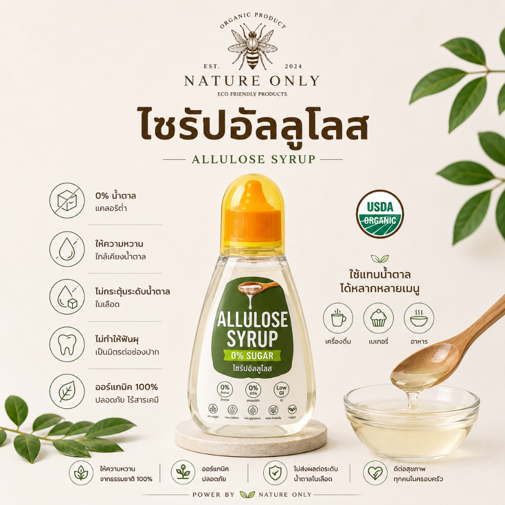 ไซรัปอัลลูโลส (Allulose Syrup) คือสารให้ความหวานจากธรรมชาติ ไม่กระตุ้นอินซูลิน เหมาะสำหรับควบคุมปริมาณน้ำตาลในร่างกาย