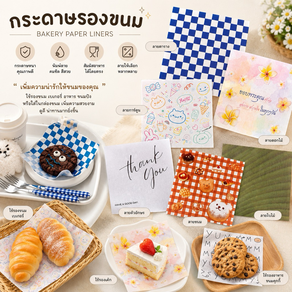 200แผ่น กระดาษรองขนม มีหลายขนาด / รองอาหาร / เบเกอรี่ / ของทอด