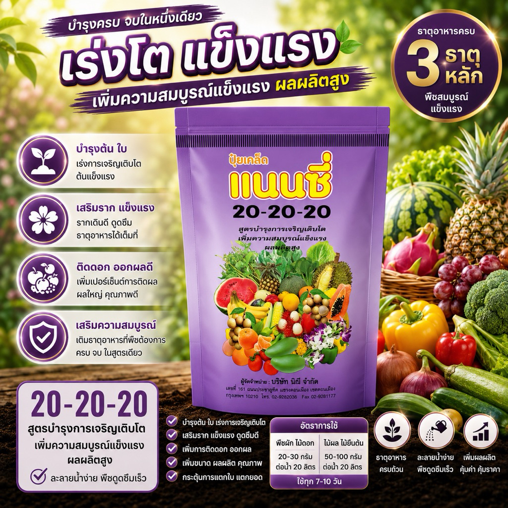 ปุ๋ยเกล็ดแนนซี่ สูตร20-20-20 เร่งโต แข็งแรง ขนาด1กิโลกรัม