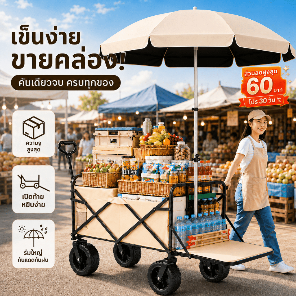 🔥ลด 50%🔥รถเข็นขายของตลาดนัดพับได้ 700L รับน้ำหนักสูงสุด 500kg ล้อใหญ่ 18ซม สำหรับร้านค้า คลังสินค้า รับพัสดุ ย้ายของ