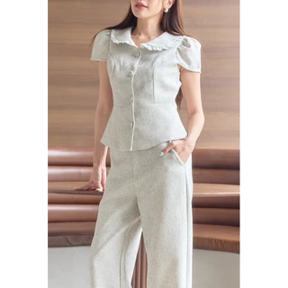 ร210 Grace Tweed ผ้าทวิตนุ่มสวยมาก เทาสีเดิม/ครีม สีใหม่ Set 2pcs. เสื้อคอบัวปกแต่งขอบลูกไม้ แขนสั้น