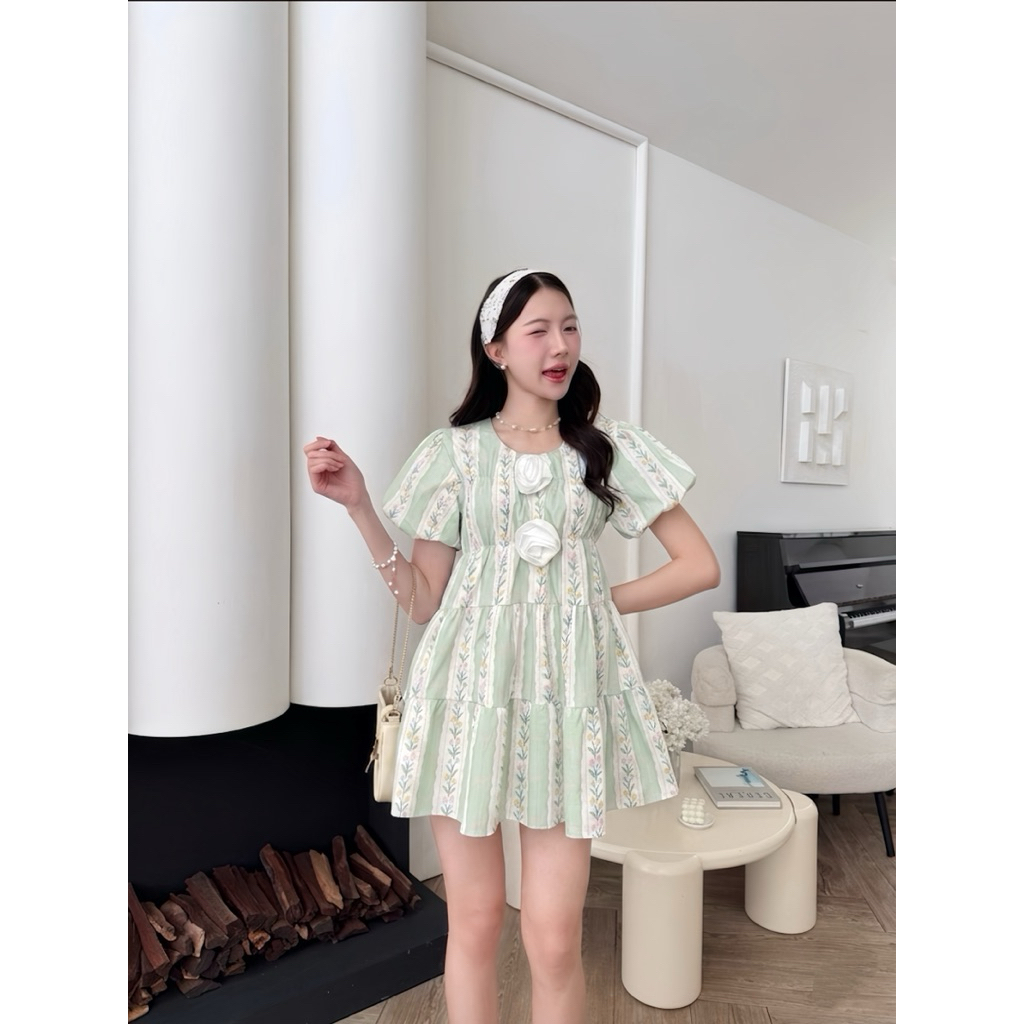 PM143 รุ่นเฟอร์บี้ มินิเดรส แต่งกุหลาบ 3D มีเชือกผูกเอวหลัง