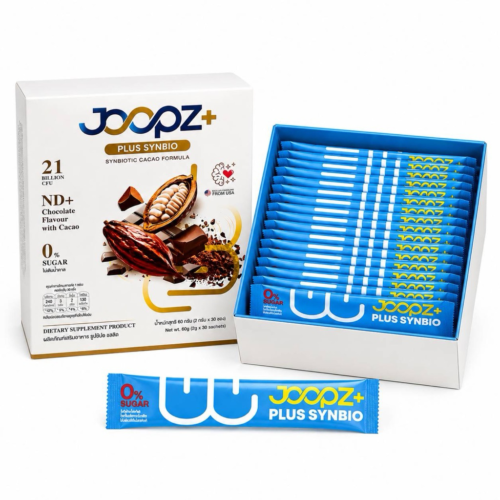 JOOPZ+ PLUS SYNBIO Synbiotic Cacao Formula โปรไบโอติก + พรีไบโอติก รสช็อกโกแลตคาเคา ชนิดกรอกปาก อร่อย ทานง่าย ไม่ต้องชง