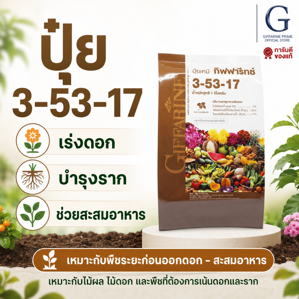 ปุ๋ยกิฟฟารีน โกรแม็กซ์ 3-53-17 Giffarine Growmax เพิ่มดอก ป้องกันผลร่วง บำรุงราก ออกดอกดี