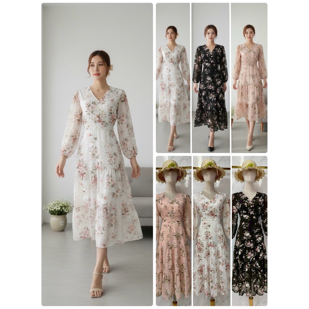 s884 เดรสยาวชีฟอง คอวี แต่งกระดุมมุกหน้า แขนยาวปลานแขนมีจั้มยืด กป ทรงแต่งเป็นชายระบายชั้นๆมีโบว์เอวเข้ารูปสวย มีซับใน