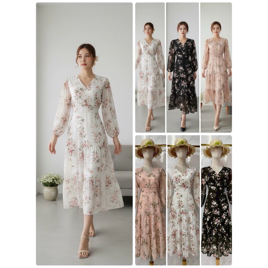 s884 เดรสยาวชีฟอง คอวี แต่งกระดุมมุกหน้า แขนยาวปลานแขนมีจั้มยืด กป ทรงแต่งเป็นชายระบายชั้นๆมีโบว์เอวเข้ารูปสวย มีซับใน