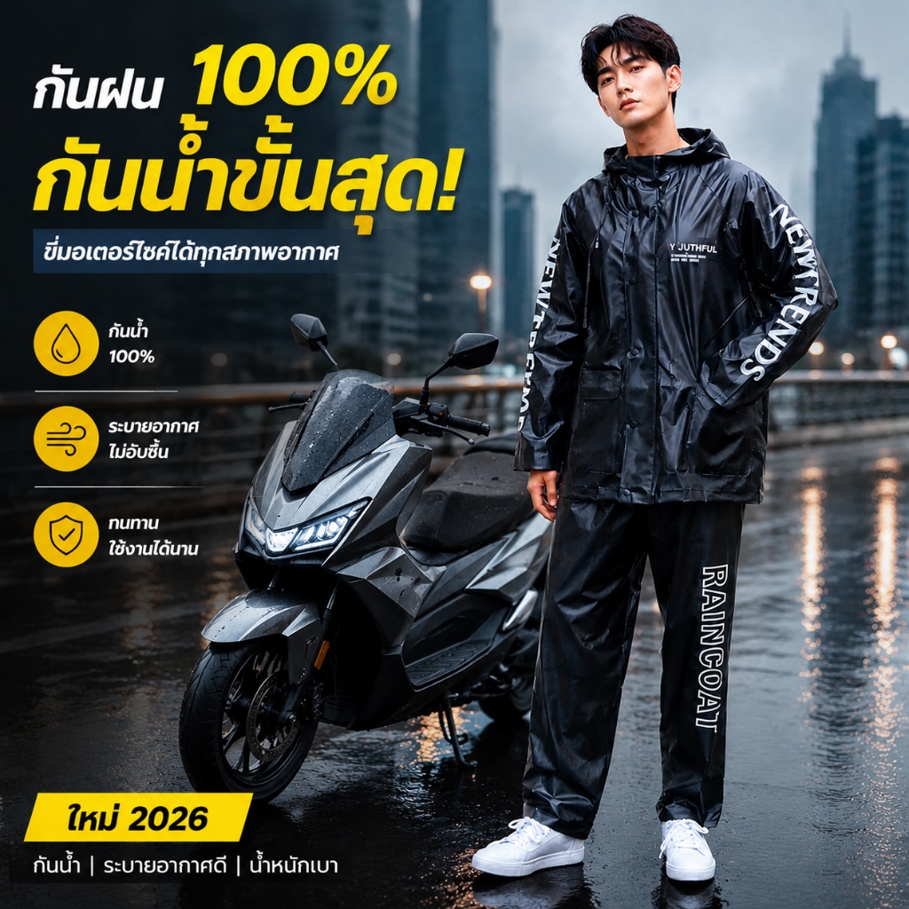 L/XL/XXL/XXXL เสื้อกันฝนแบบหนา ผู้ใหญ่ สีดำ ชุดเสื้อกางเกง ขี่มอเตอร์ไซค์ กันน้ำกันลม ทนทานใช้ยาวนาน