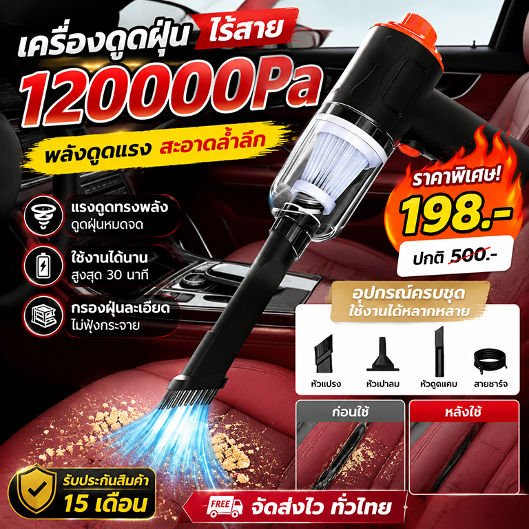 เครื่องดูดฝุ่นไร้สาย 120000Pa แรงดูดสูง ใช้ได้ทั้งในรถและบ้าน แบตเตอรี่ยาวนาน ใช้งานง่าย