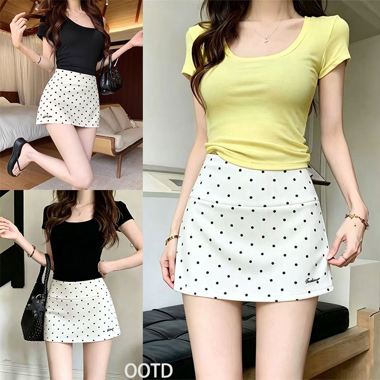 พร้อมส่ง กระโปรงขาสั้น กระโปรงเอวสูงรอบตัว มีกางเกงด้านใน ลายจุดคลาสสิกและทันสมัย กระโปรงสั้นผู้หญิง ขาวดำ#035