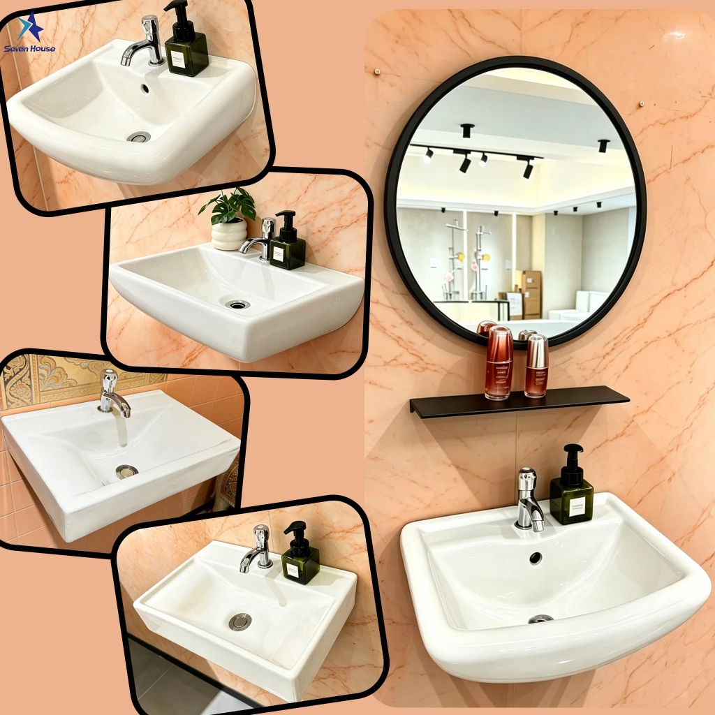 Wall-mounted ceramic basin อ่างล้างหน้าเซรามิกทรงสี่เหลี่ยมแบบแขวน 41*38*18 ฟรีท่อระบายน้ำ