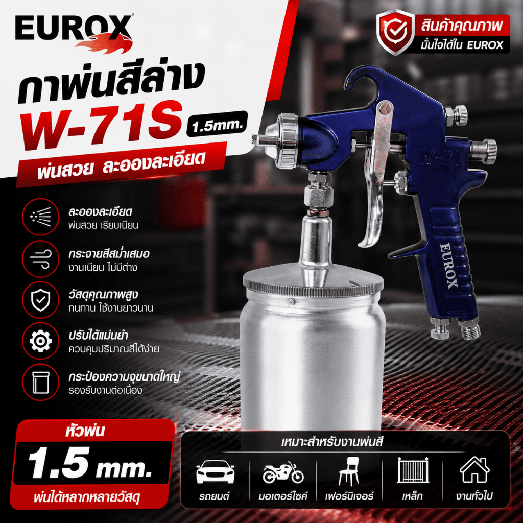 EUROX กาพ่นสีล่าง  W-71S 1.5 mm. ความจุ 600 ซีซี ขนาดปากพ่น 1.5 มม.ถ้วยกาขนาดใหญ่ พ่นสีได้นานขึ้น