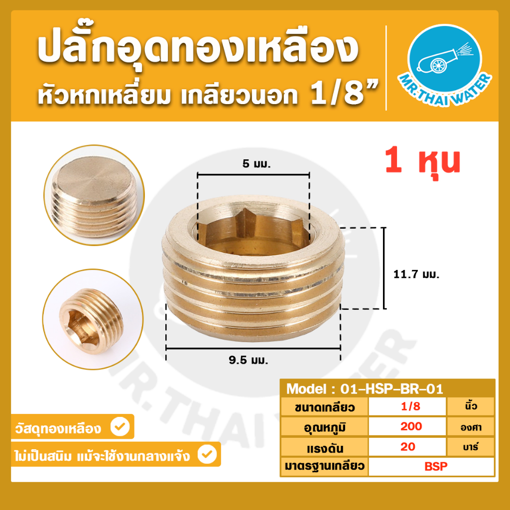 ปลั๊กอุด ทองเหลือง หกเหลี่ยม ตัวหนอน BSP เกลียวนอก อุดปลายท่อทองเหลือง 1/8" - 1