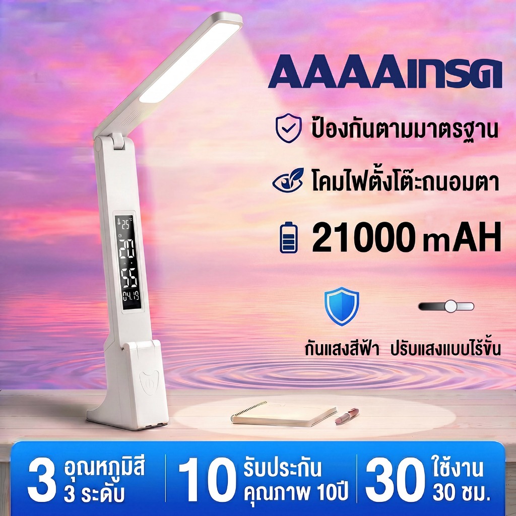 【จัดส่งไว】โคมไฟตั้งโต๊ะ ไฟอ่านหนังสือ โคมไฟตั้งโต๊ะที่แสดงเวลา อุณหภูมิและวันที่ได้พร้อมกัน โคมไฟอ่านหนังสือ โคมไฟ
