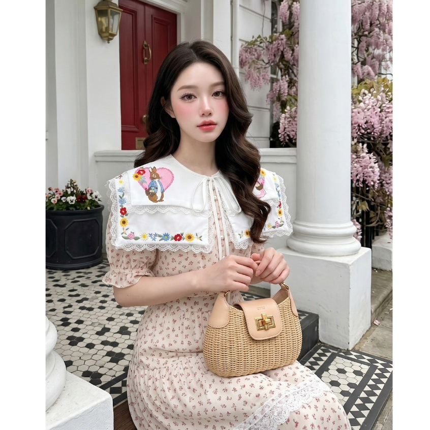 (มี3XL) Three Love Set เซ็ต 3 ชิ้นผ้าชีฟอง แยกใส่ได้ เสื้อกระดุมหน้า + กระโปรงยาวมีซับใน + collar สองชั้นงานปัก