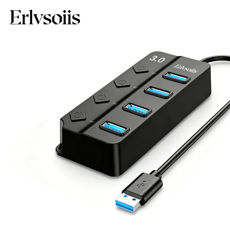 Erlvsoiis USB Hub 7พอร์ต USB3.0+USB2.0 ความเร็ว5Gbps มีปุ่มเปิดปิดไฟLED จ่ายไฟDC5V รองรับหลายอุปกรณ์