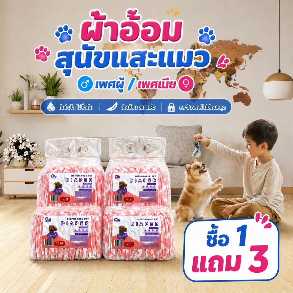 ซื้อ 1 แถม 3 Qti ผ้าอ้อมสุนัข แบบใช้แล้วทิ้ง ชายและหญิง ชุดอุปกรณ์สำหรับสัตว์เลี้ยง ราคาต่อ 48pcs