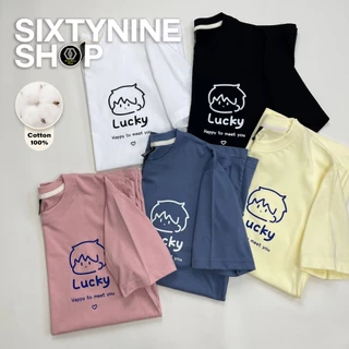 เสื้อยืดพิมพ์ลาย " Happy & Lucky " เสื้อคู่รัก เสื้อคู่ unisex ผ้าคอตตอน พร้อมส่ง