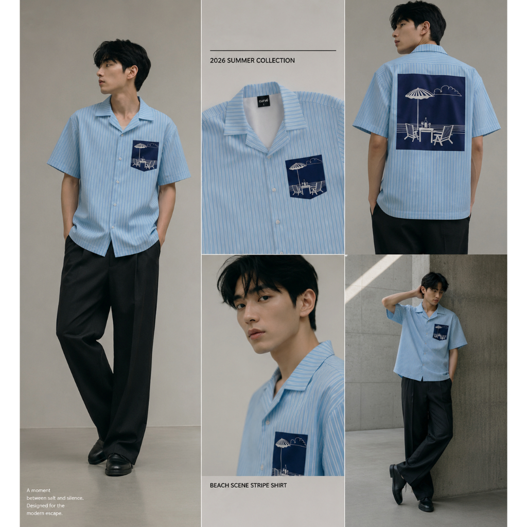 11.WOLF Beach Minimal Hawaii Shirt เสื้อฮาวาย เสื้อเชิ้ต เสื้อเชิ๊ตแขนสั้นต่อลาย Beach Minimal / H318