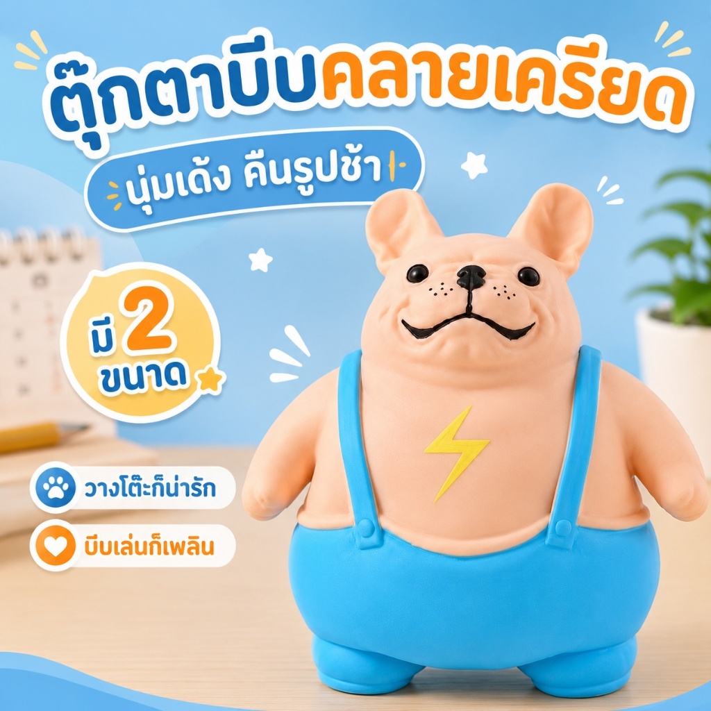 ตุ๊กตาบีบคลายเครียด รูปหมาบูลด็อก Squishy นุ่มเด้งคืนรูป ของเล่นบีบมือ วางโต๊ะ ของขวัญน่ารัก 2 ขนาด