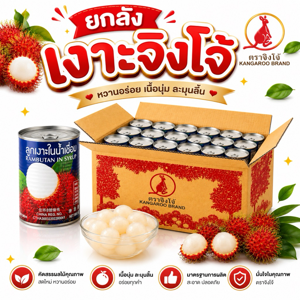 [ยกลัง] เงาะกระป๋อง ยี่ห้อ จิงโจ้  เงาะในน้ำเชื่อม ลัง 24 กระป๋อง