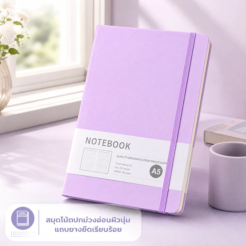สมุดบันทึก A5 ปก PU พรีเมียม 80 แกรม 192 หน้า กระดาษมีเส้น ยางรัดสมุด ที่คั่นหนังสือ ช่องใส่ปากกา