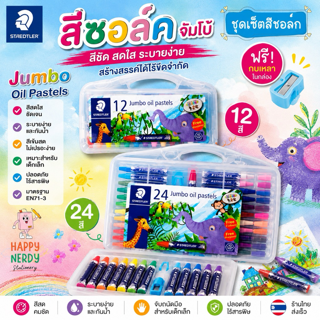 STAEDTLER ชุดสีชอล์คสเต็ดเล่อร์ จัมโบ้ รุ่น Jumbo oil pastels 241 PB 12สี 24สี ‼ฟรี! กบเหลา‼