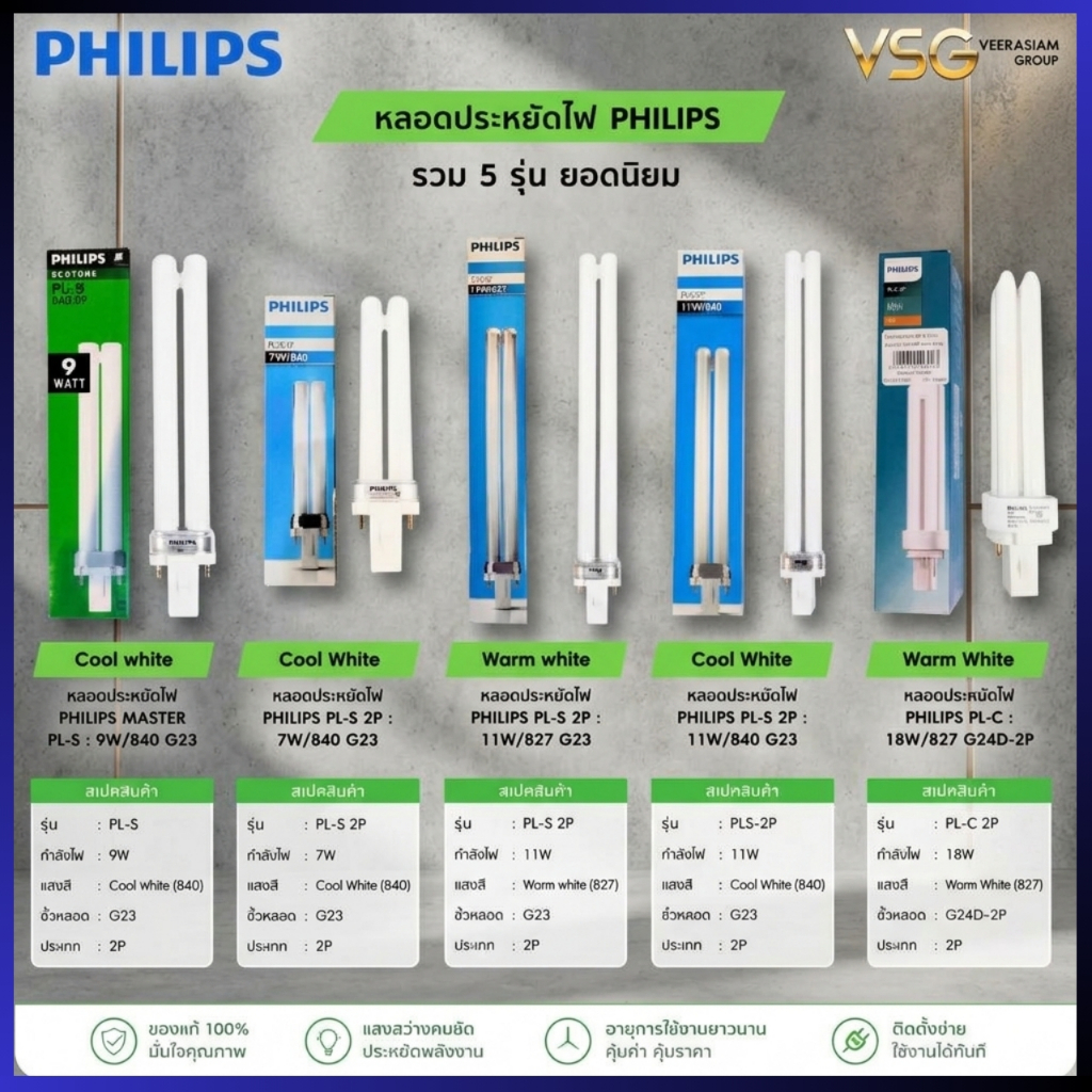 PHILIPS หลอดไฟตะเกียบ หลอดประหยัดไฟ หลอดไฟ ชนิดขั้วเสียบ2ขาคู่ PL-S 7w 9w 11w 18w