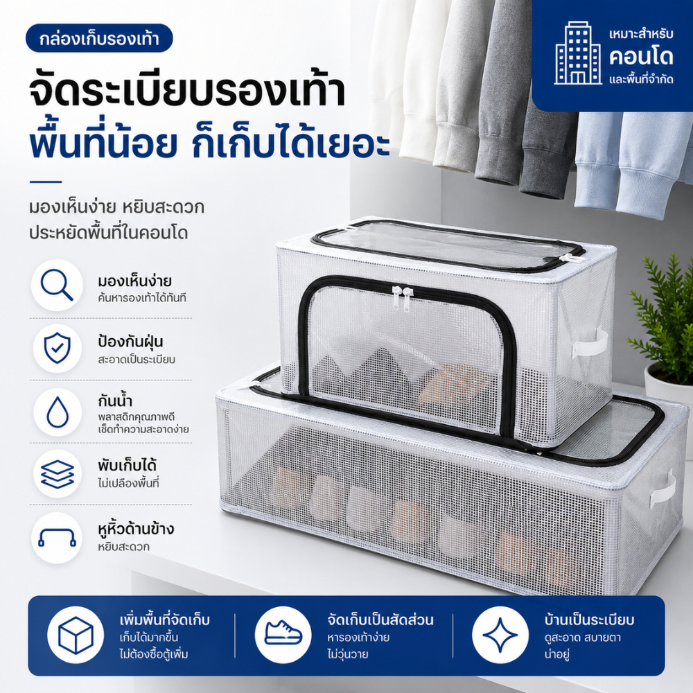 COD กล่องเก็บรองเท้า PVC กันน้ำ ฝุ่น ใช้ในรถและบ้าน ขนาดใหญ่ กล่องเก็บของ | casa & co.
